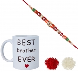 Plastic Yellow Flower & Pearl Rakhi for Men Mug and Roli Chawal Tilak
