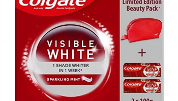Colgate Visible Whitening White Beauty Combo (2N X 100 Gram Toothpaste, Dazzling Red Beauty Pouch)