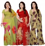 Ishin Combo Of 3 Multicolor Poly Georgette Printed Women Saree/Sari