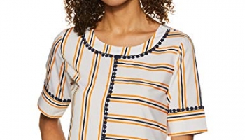 Krave Women’S Striped Regular Top (Ss19Kravebobby_Oyn_Off White/Yellow/Navy Xl)