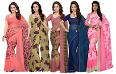 Ishin Combo Of 5 Faux Georgette Multicolor Printed Women’S Saree/Sari